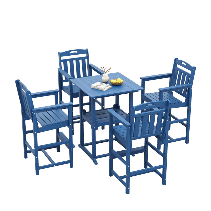 Pennington 5 Pieces Outdoor Patio Bars Set With Square Table And HDPE Chairs, Navy Blue