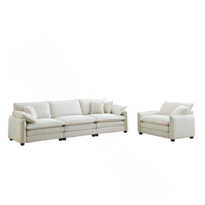 Ensemble de canapé de style Mid-Century moderne, deux, un canapé 3 places et un canapé simple avec 2 accoudoirs et 4 coussins décoratifs, ensemble de canapé 2 pièces pour le salon, tissu en velours côtelé beige