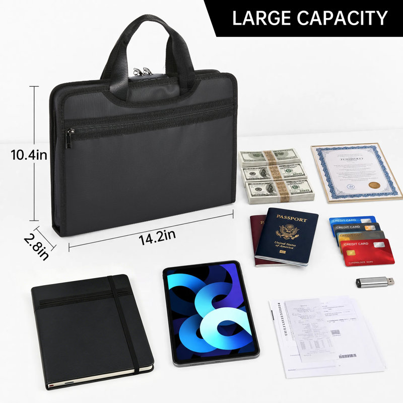 Porte-documents ignifuge avec serrure, organisateur de dossier portable 13 po 14,2 x 10,4 x 2,8 po, noir coloré, Black