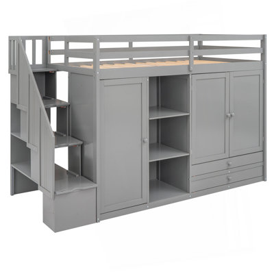 Functional Loft Bed with 3 Shelves, 2 Wardrobes and 2 Drawers,  Ladder with Storage, No Box Spring Needed