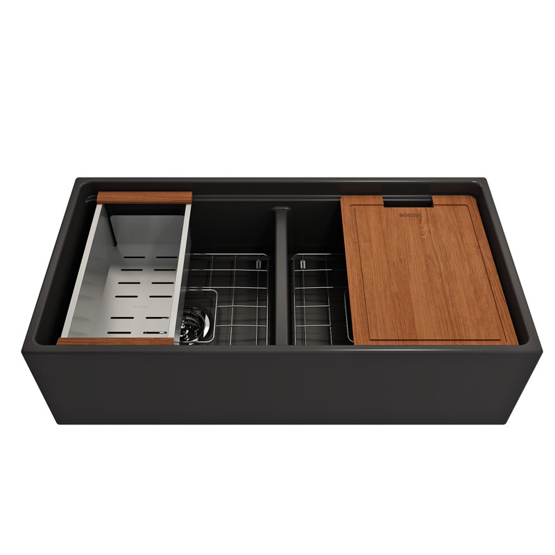 Évier de cuisine à double cuve 36 po x l 19 po avec crépine, Noir mat