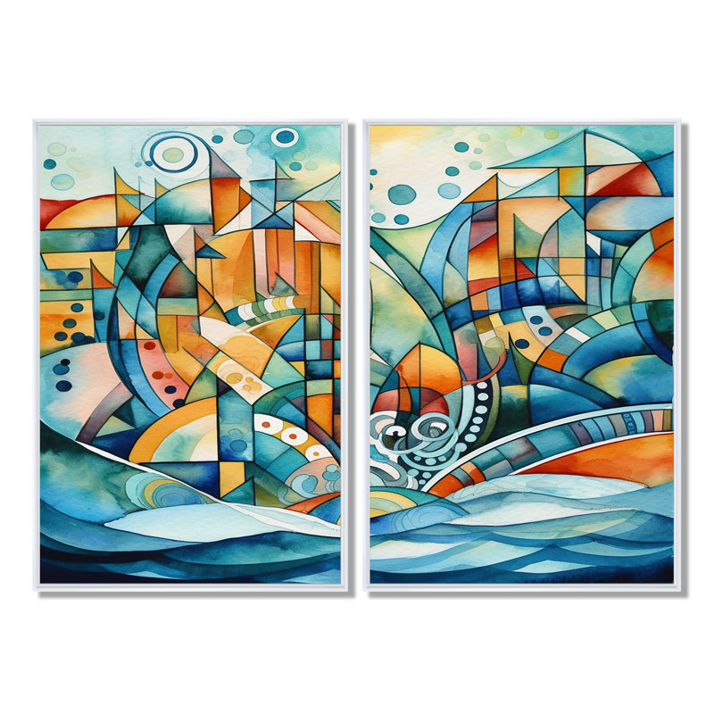 «Blue and orange», art mural moderne sur toile crème 2 pièces, H 36 po x l 48 po, Impression encadrée flottante, Blanc