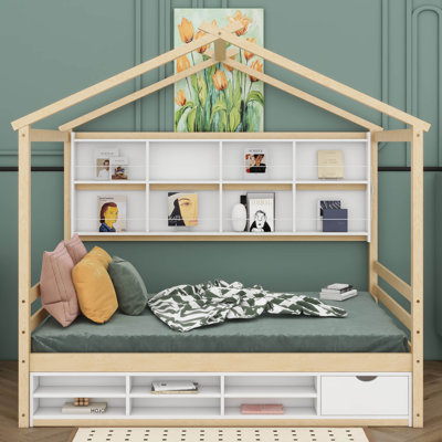House Bed With Multiple Storage Shelves, Wood Bed Frame With Roof, Bedside-Shelves, Under Bed Storage