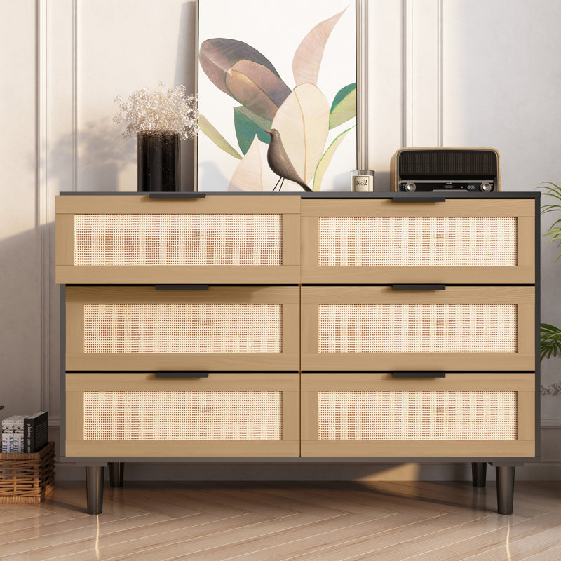 Drae 6-Drawers Rattan Dresser Rattan Bedroom Furniture Rattan Storage Rattan Chest, Black
