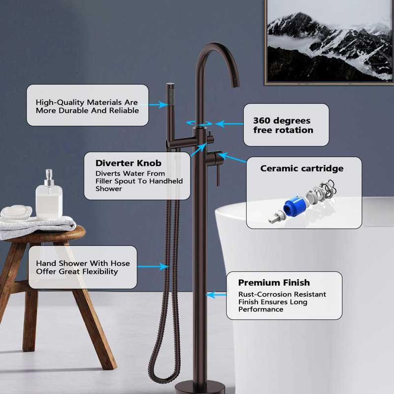 Double Handle Floor Mounted Tub Filler With Handshower, Oil Rubbed Bronze