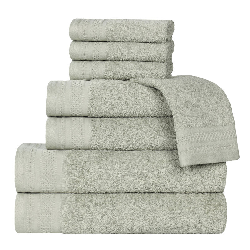 Honeycomb Textured Waffle Border Cotton Medium Weight 8 Piece Towel Set, Sage