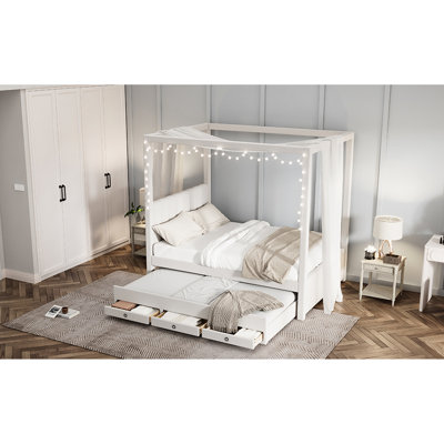 Lit à baldaquin rembourré beige avec lit gigogne et rangement