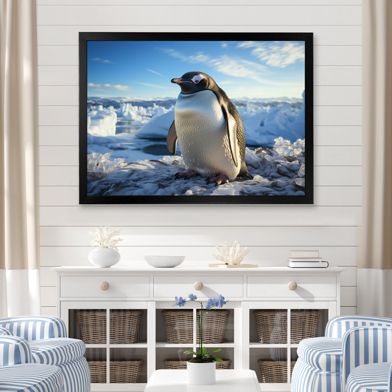 Pingouin qui se dandine d'élégance sur toile, Cadre photo noir simple, H 30 po x l 40 po x P 1,5 po