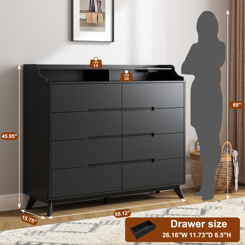 Dresser For Bedroom With 8 Drawers, 55" Large Dresser & Chest Of Drawers With Charging Station, Wood Closet Clothes Storage Tall Dressers Organizer For Bedroom Living Room Hallway, Black