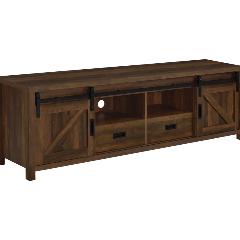 Engineered Wood 2-Door Tv Stand In Dark Pine, With Space - Saving Sliding Doors And Two Drawers For Arrangement Pine Of Wood, Featuring