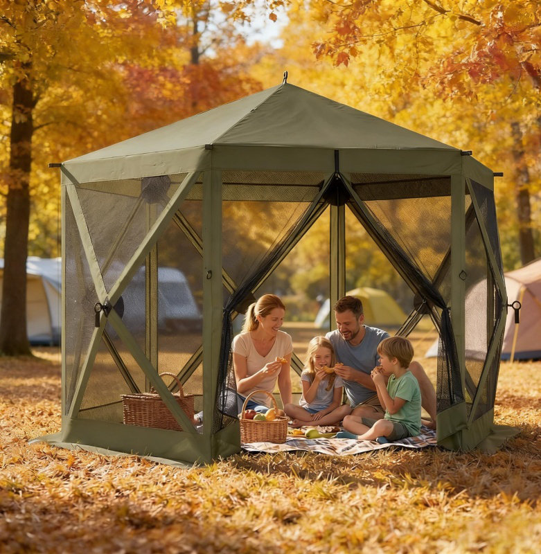 Pavillon de camping spacieux avec moustiquaire de camping et tente d'extérieur pour abri de jardin, Vert