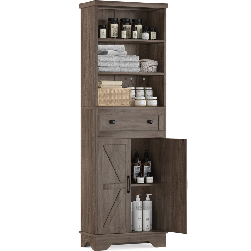  Grande armoire de rangement 70,9 "de style campagnard avec tiroir et portes, organisateur de salle de bain autoportant en bois avec tablettes ouvertes pour petits espaces