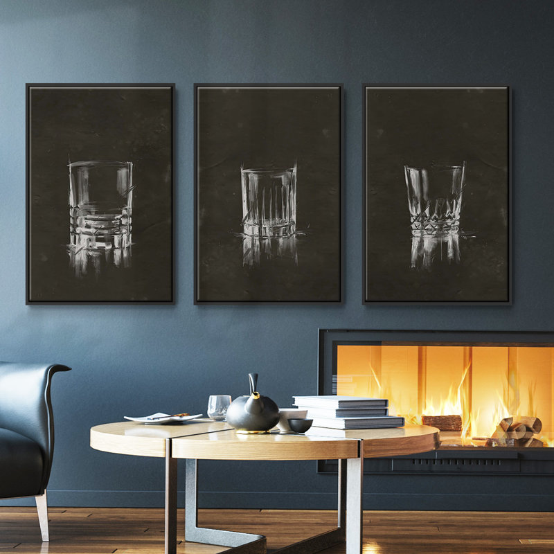 Crystal Barware V - Ensemble de 3 cadres flottants sur toile, Cadre flottant noir, H 27 po x l 54 po