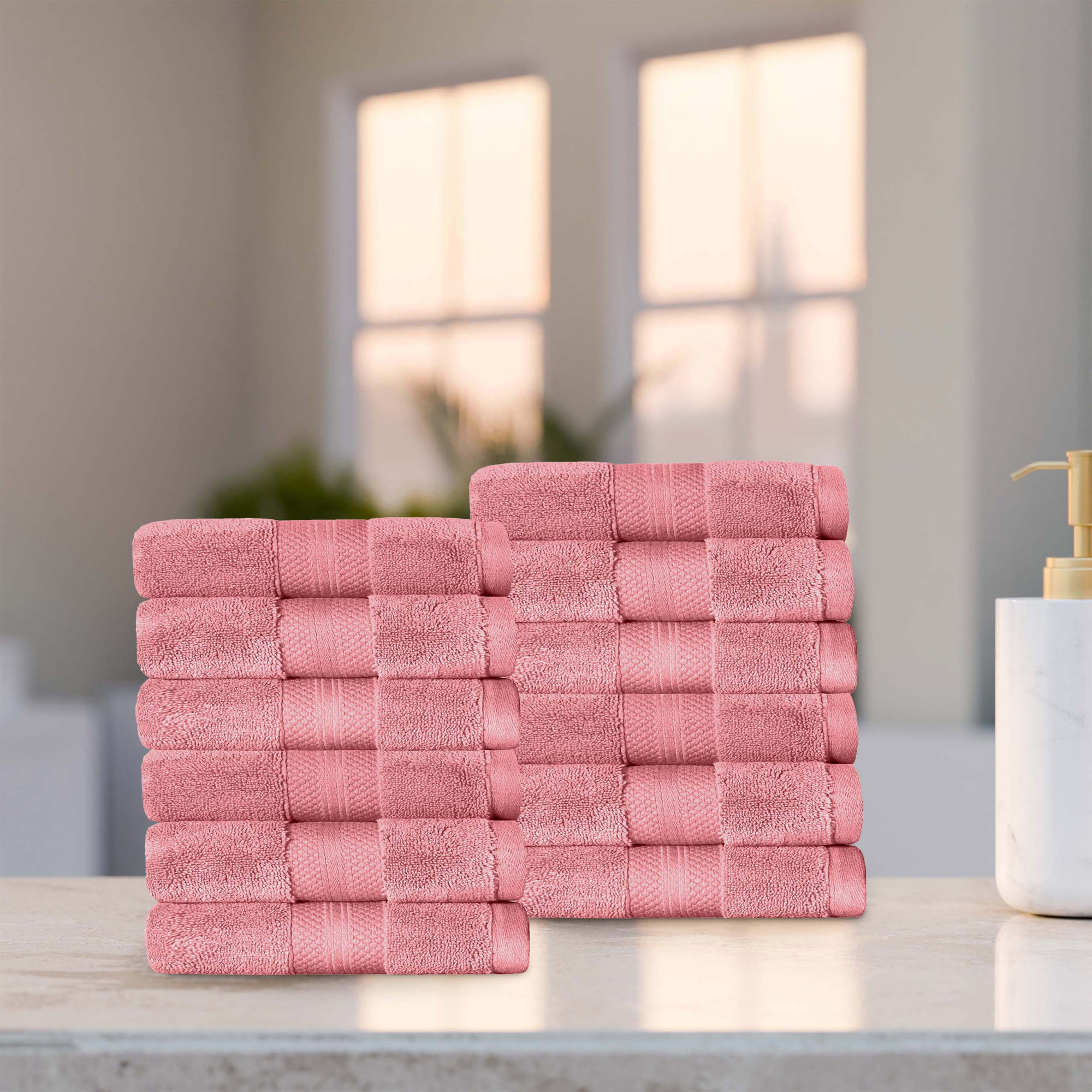 Finnian Ultra-Plush Heavyweight, 100% Turkish Towel Collection, Washcloths - 12 Pack, Coral Pink