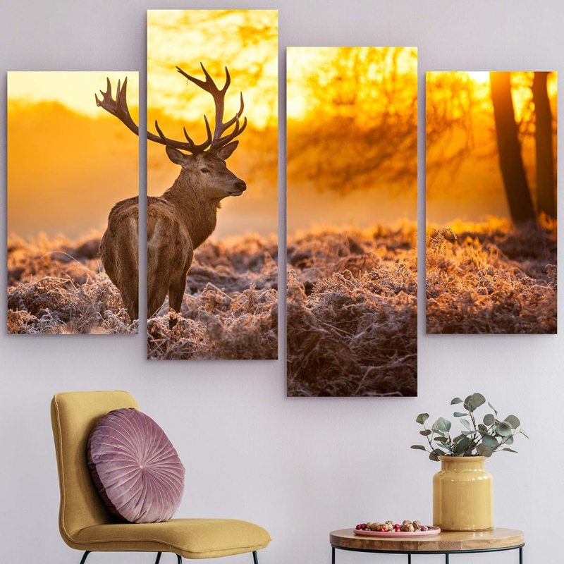 Animaux, cerf sous le soleil, forêt, nature, paysage, très grand décor de salon sur toile, ensemble de 4 pièces