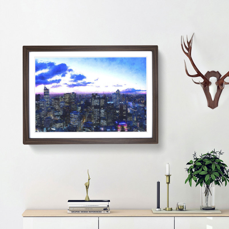 Melbourne Australia Skyline at Dusk - Picture Frame Graphic Art Print, Walnut Framed, 24cm H x 33cm W x 2cm D