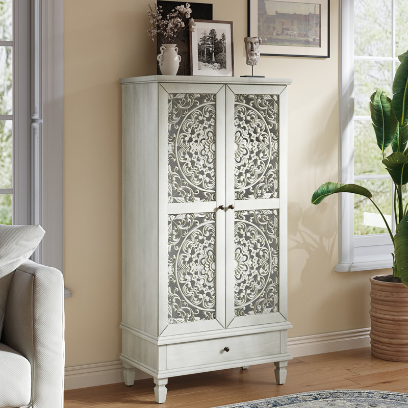 Armoire d'appoint en bois sculpté à 2 portes avec tiroir Anadia, Blanc