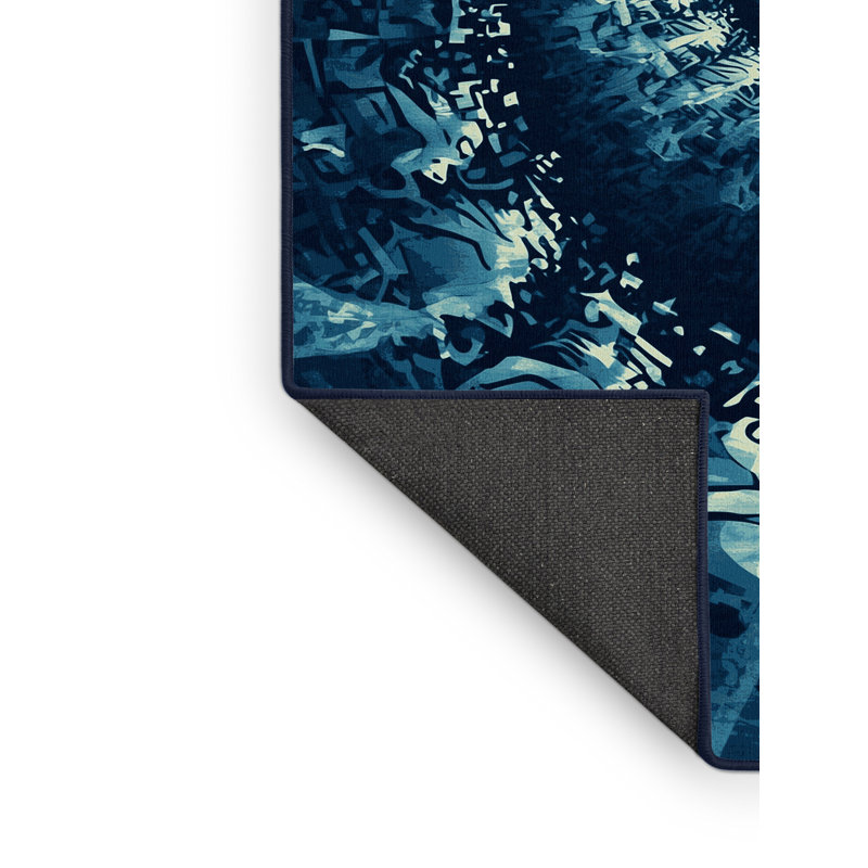 Tapis à motif géométrique moderne et contemporain doux et moelleux à motif de fractale en bleu - Reliure marine, 4 x 6