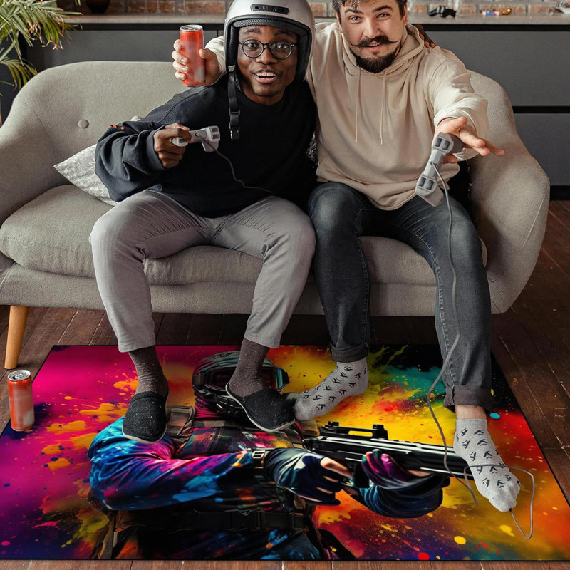 70" X 55" Dark Boom Shooting Battle Game Rug - Colorful Bomb War Design, Polyester Non-Slip Gaming Carpet For Bedroom Playroom