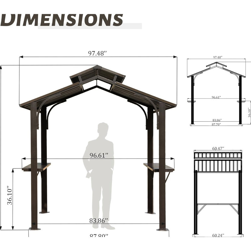 Pavillon de jardin extérieur 8 pi x 5 pi - Acier galvanisé, double toit, tablettes latérales polyvalentes brun pour tablettes en acier, crochet de plafond