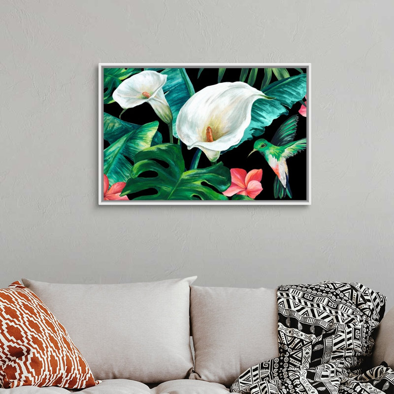Reproduction d’art sur toile, "Hummingbird Paradise" par Eva watts, H 26 po x l 38 po x P 1,75 po, Cadre blanc