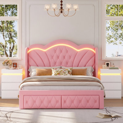 Ensemble de chambre à coucher 3 pièces avec cadre de lit à DEL avec rangement à oreilles et table de chevet à DEL USB