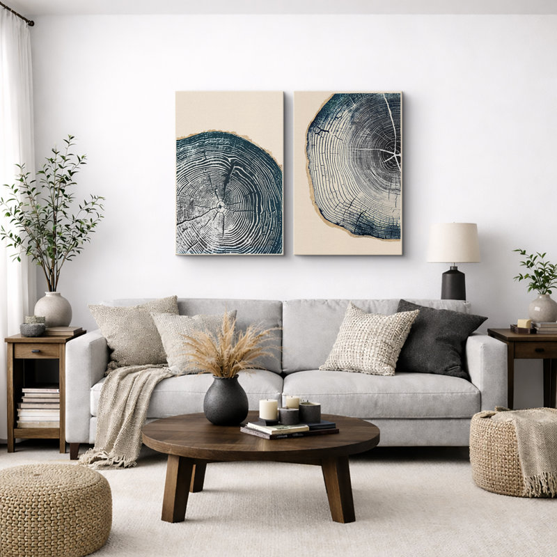 Tree Ring "Navy Blue Wood Stump Artwork, Simple Modern Rustic Wall Pictures, Framed Canvas Giclee Print 2 Pieces Wall Art Set" 16x24x2 pcs, 24x36x2 pcs