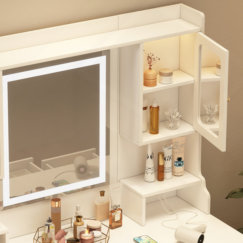 Grande coiffeuse avec miroir, 6 tiroirs et tablettes, bureau de commode