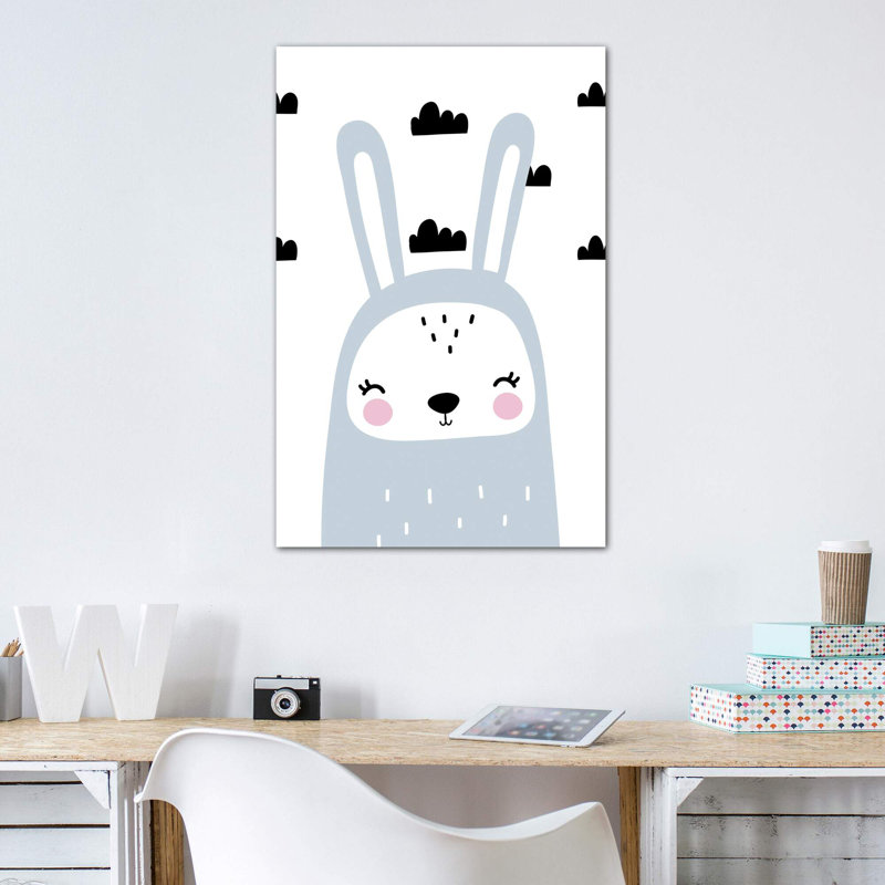 «Bunny Blue with Clouds Scandi», reproduction d'impression, H 18 po x l 12 po x 1,5 po, Toile tendue, Pas de tapis