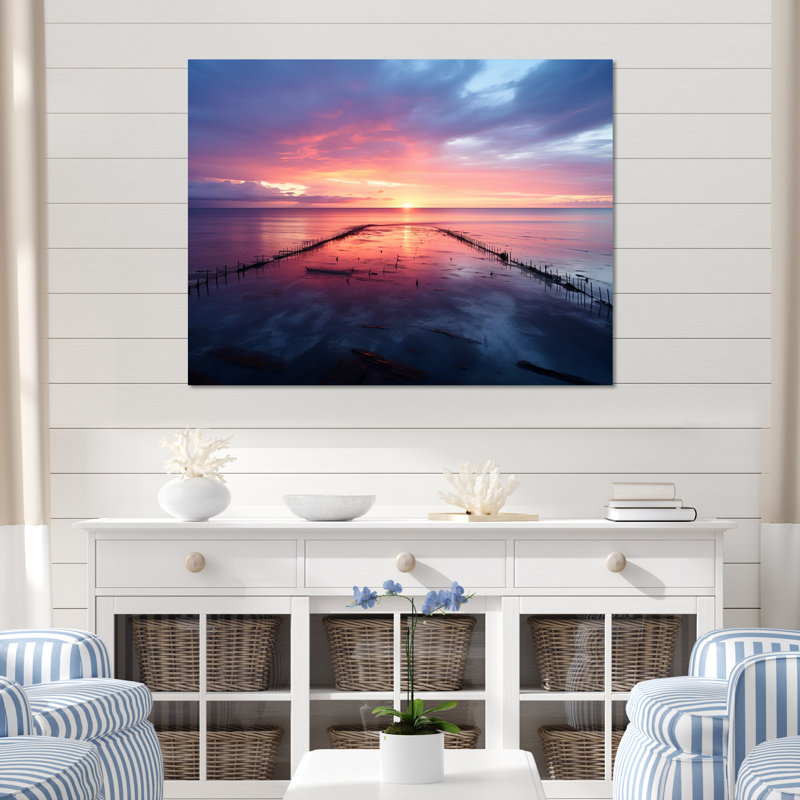 «Pink and Blue Pier» Horizon Sunset IV - Coastal Pier, art mural, Cadre flottant brun, H 12 po x l 20 po x P 1 po