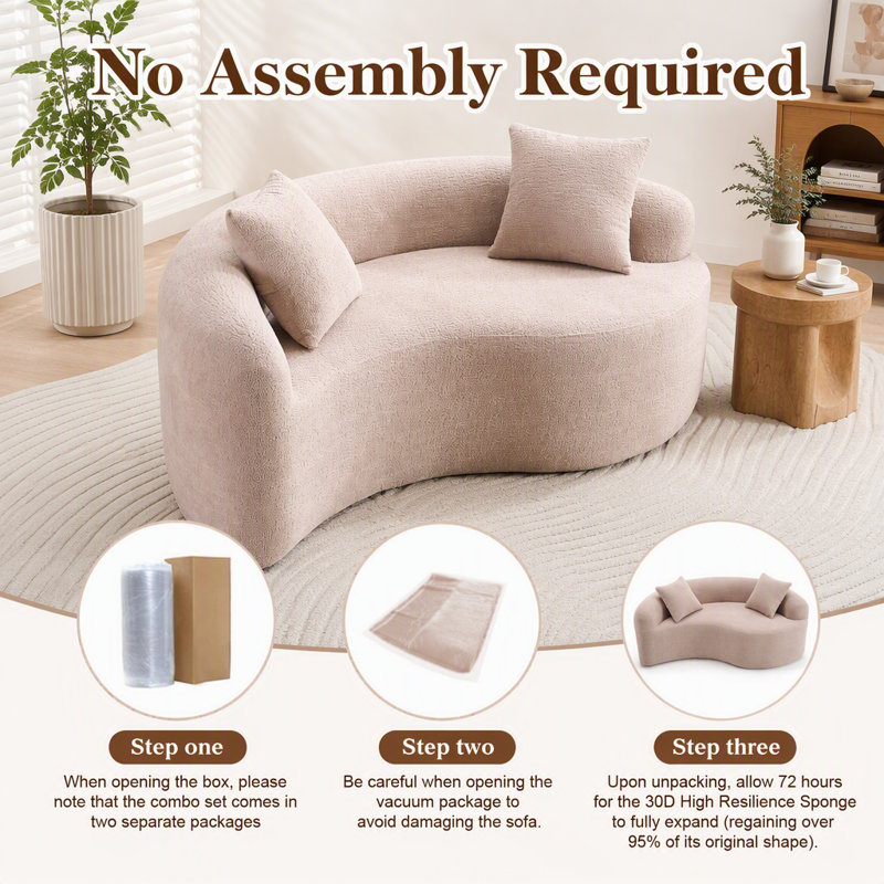Canapé d'angle incurvé en chenille avec assise à double profondeur, livré monté, design compact idéal pour les petits espaces, beige, capacité de charge de 181 kg, longueur de 170 cm