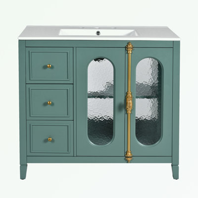 Meuble-lavabo de salle de bain avec 2 portes à fermeture douce, rangement latéral et 3 tiroirs