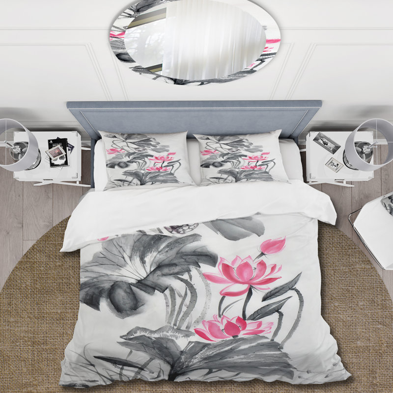 Fleur de lotus rose rétro - ensemble de housse de couette traditionnel - microfibre de polyester