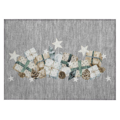 Machine Washable Indoor/Outdoor Christmas Presents Xhevrie Gray Rug