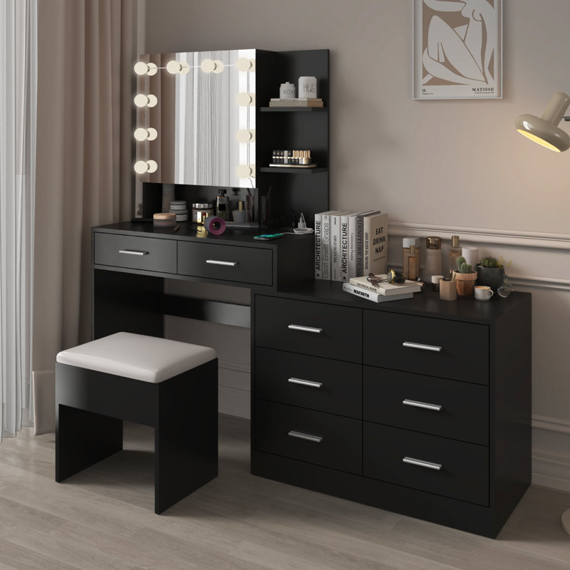 Ensemble de coiffeuse de maquillage avec lumières, prise USB et prise de courant et 8 tiroirs, Noir, noir, noir, noir