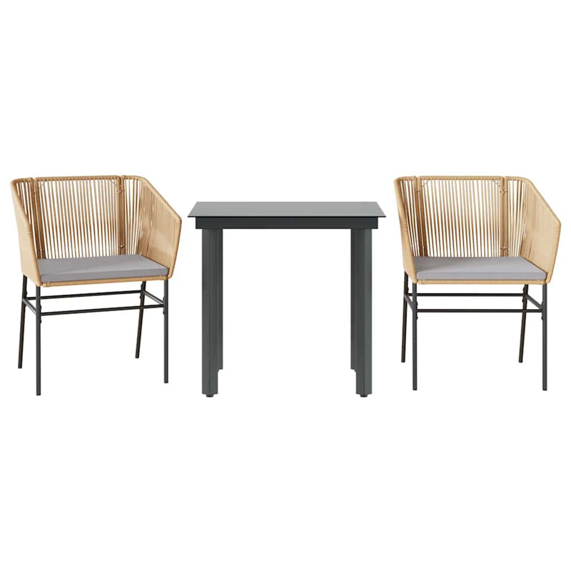 vidaXL 3 Piece Patio Dining Set with Cushions Brown Poly Rattan Glass, 29.1" H x 31.5" W x 31.5" L, 2, Gray/Brown