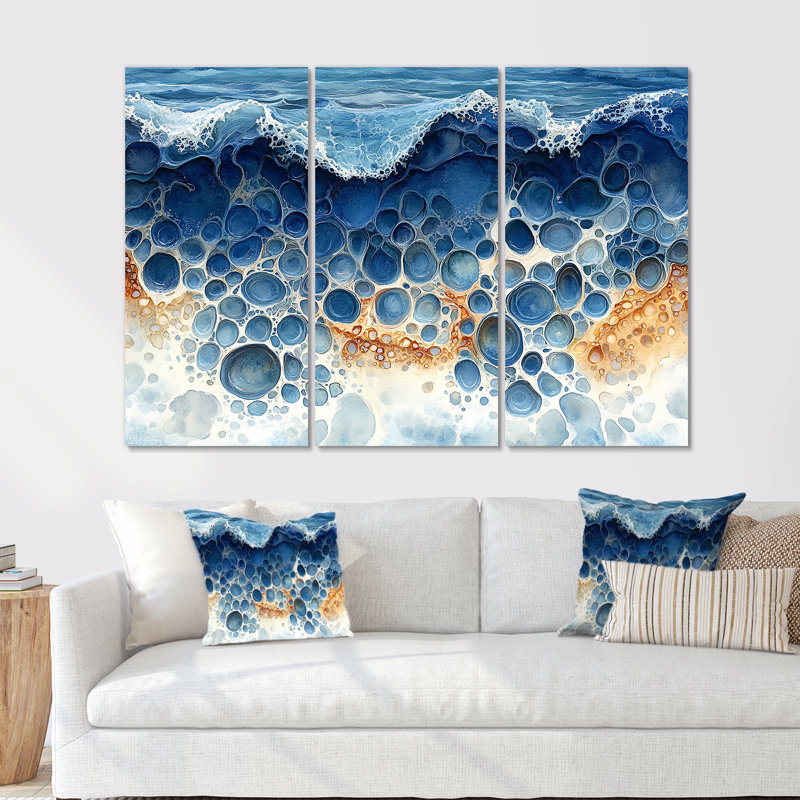Ensemble de salon Coastal Reef dans des tons bleus et oranges - art mural corail, Métal métal, H 28 po x l 36 po x P 1 po