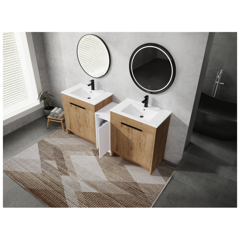 Meuble-lavabo autoportant de 72 pouces avec lavabo en céramique noire, finition blanc brillant et fini imitation chêne, 72"