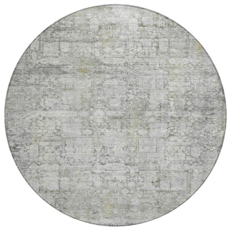 Machine Washable Indoor/Outdoor Xhevrie Gray Rug, Round 8'