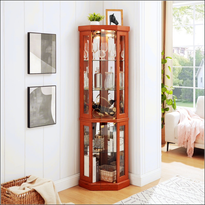Lighted Corner Curio Cabinet - Elegant Display Case For Living Room, Antique Collectibles, And Wine Glass Storage With Built-In Lights