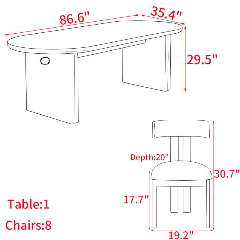 Modern simple solid wood dining table set., 29.5"H x 86.6"L x 35.4"W