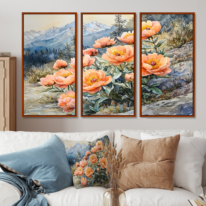 Pivoines dans le col de montagne - Art mural grand pivoines - 3 panneaux, H 28 po x l 36 po, Brun