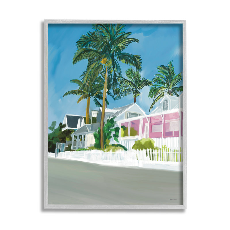 «Tropical Palm Trees Summer Holiday Resort House» par Amelia Noyes, reproduction d'art sur cadre flottant
