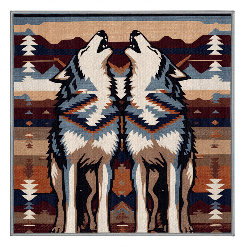 Washable Wolf Inspired Southwestern Area Rug, Square 4'
