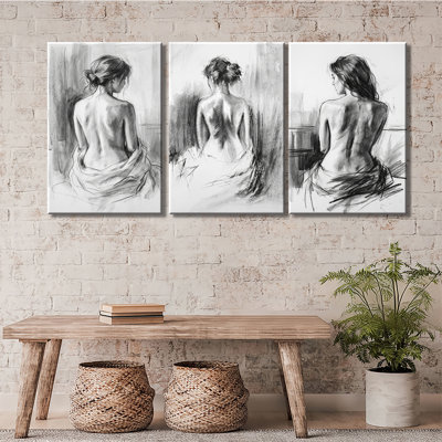 Figurine de dos de femme croquis au fusain - ensemble de 3 impressions sur toile