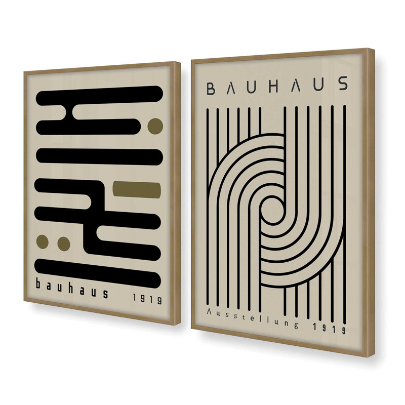 Ensemble de 2 impressions Bauhaus Curves and Connections, Cadre doré brossé, H 17,5 po x l 25,5 po x P 1,25 po