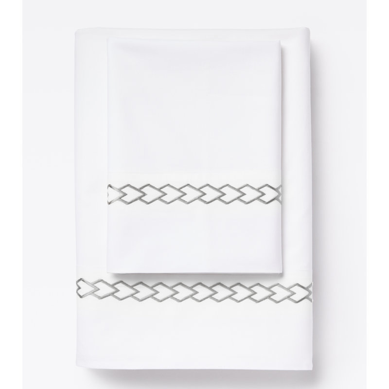 510 Thread Count Cotton Percale Sheet Set with Waterfall Embroidery in Stone, White/Gray, California King Sheet Set