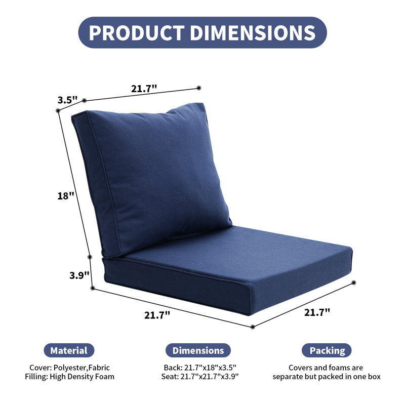 Patio Furniture Sofa Cushion Set Outdoor Deep Seating Cushions Thick Foam, 23.6" W x 23.6" D, Navy