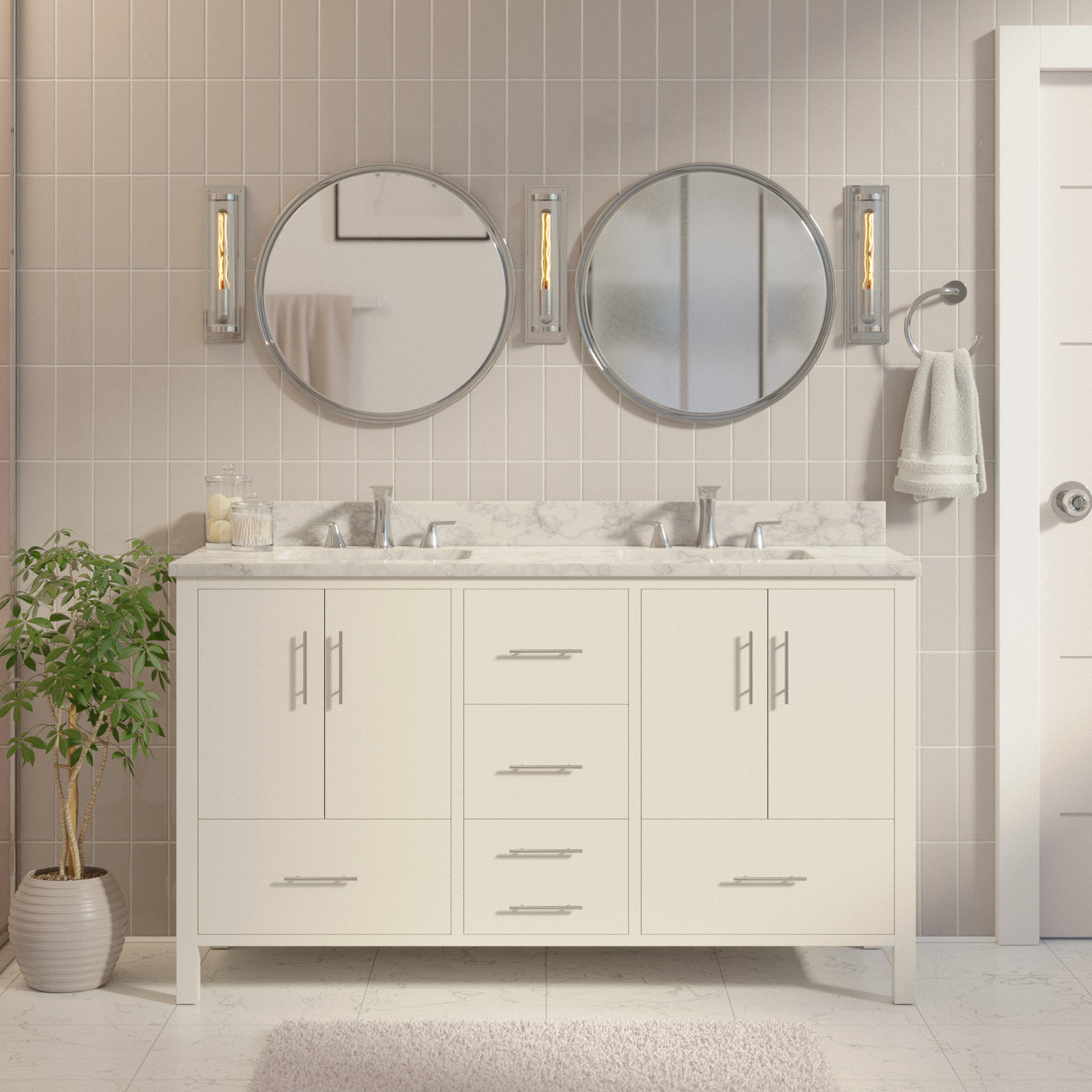 Kiara 60'' Double Bathroom Vanity, White, Carrara Marble
