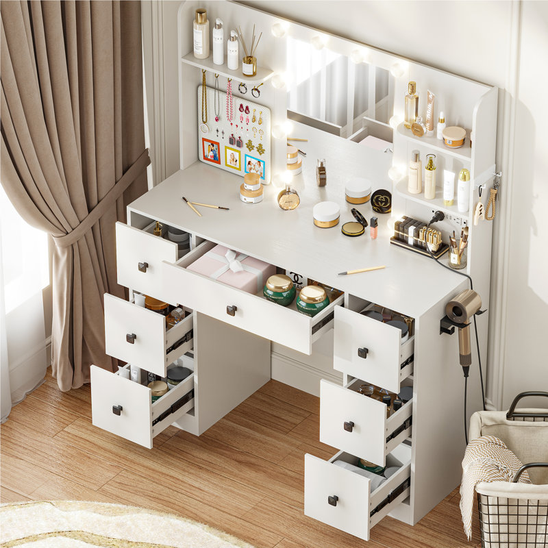 Makeup Vanity Desk With 10 Light 3 Lighting Modes Brightness And Mirror And Power Outlet